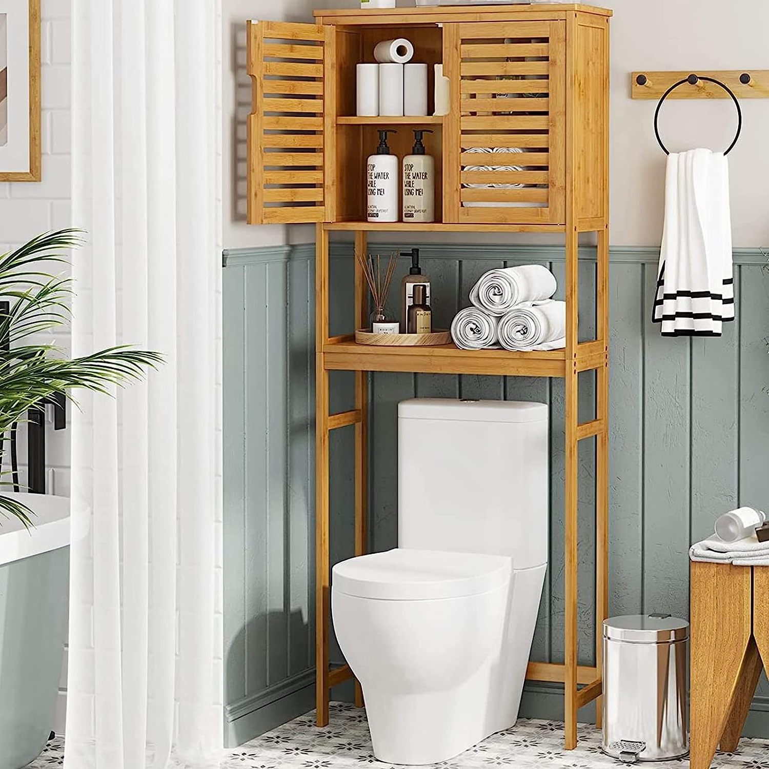 Over The Toilet Storage Cabinet Tall Bathroom Cabinet Organizer with Cupboard Adjustable Shelves