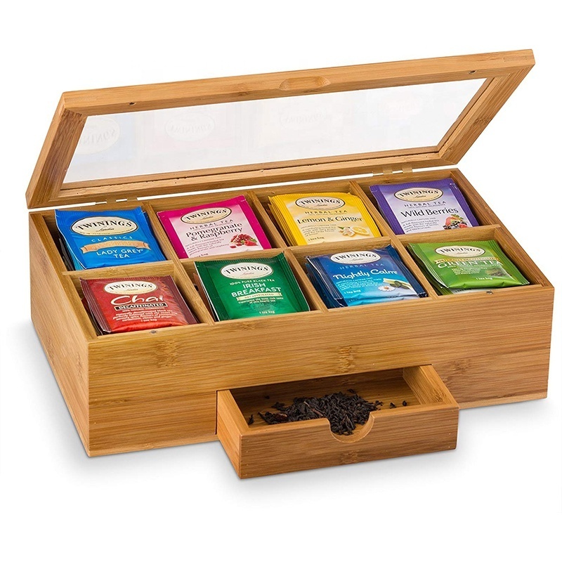 Custom made high-grade bamboo tea box organizer natural 8 wooden tea box with small drawer in storage room