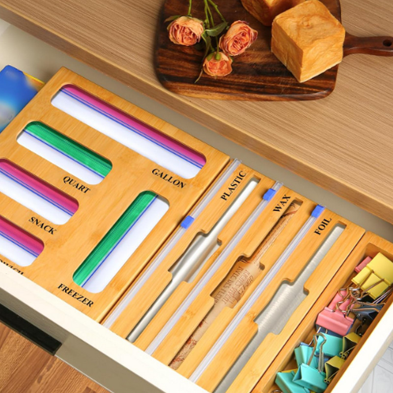 Kitchen 9 IN 1 Wooden Drawer Organizers With Plastic Foil Wrap Dispenser Holder Bamboo Ziplock Bag Storage Organizer