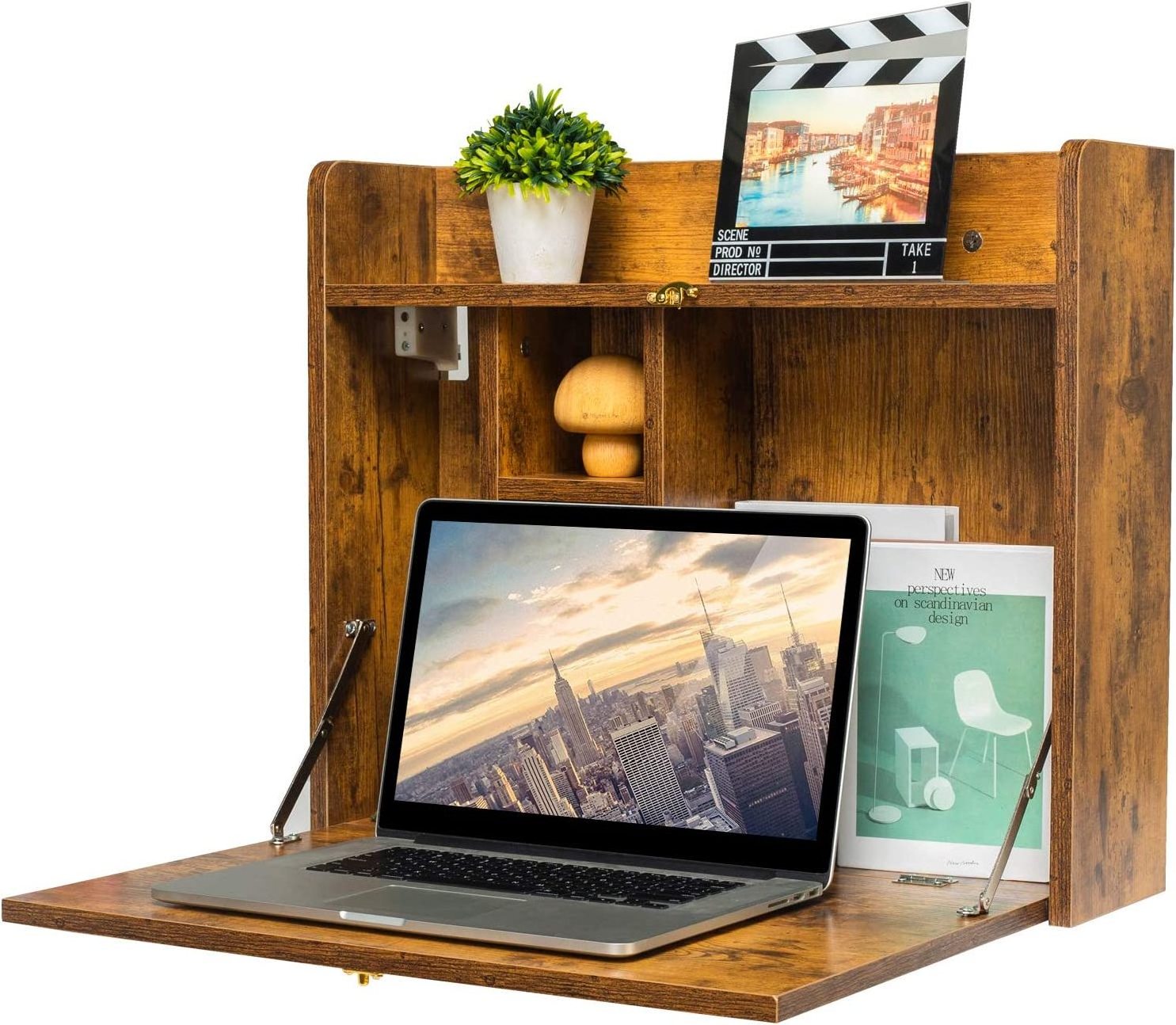 Wooden wall hanging desk Multi functional folding wall hanging laptop desk with storage rack Suitable for home office