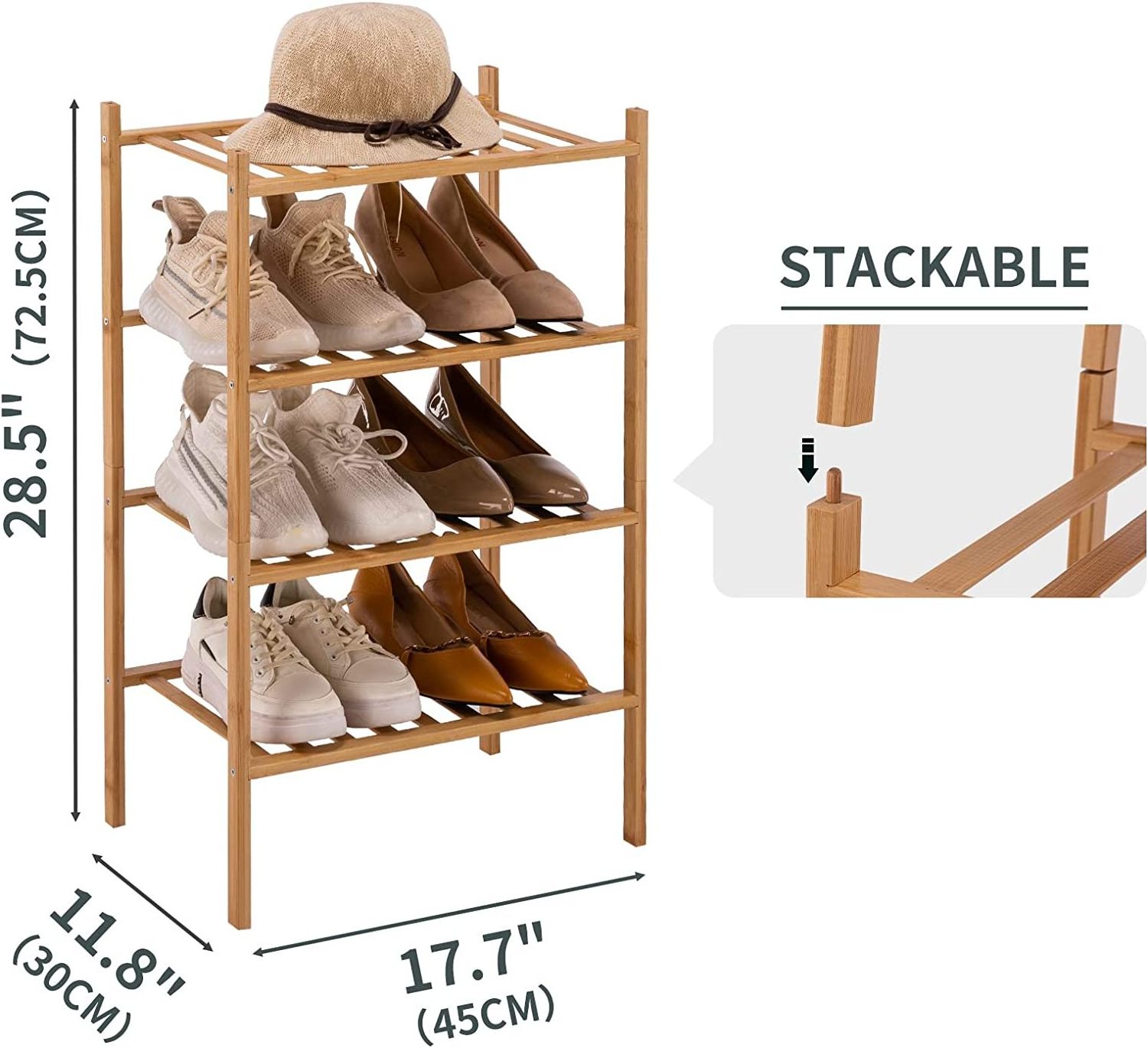 Bamboo Shoe Rack 4-Tier Free Standing Shoe Organizer Stackable Storage Shoe Shelf