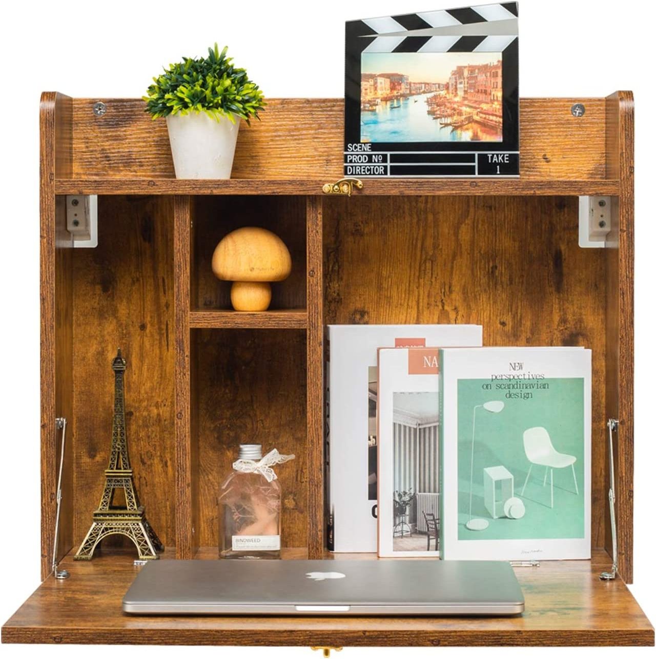 Wooden wall hanging desk Multi functional folding wall hanging laptop desk with storage rack Suitable for home office