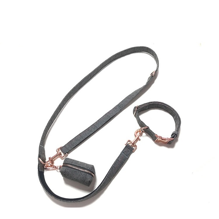 3 Way Adjustable Dog Leash with Luxury Rose Gold Metal Buckle Collar