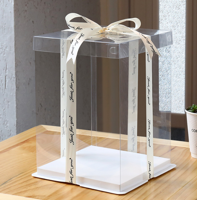 4'' 6'' 8'' 12'' full transparent birthday gift tall clear round cake pvc plastic acrylic box for pastry with ribbon