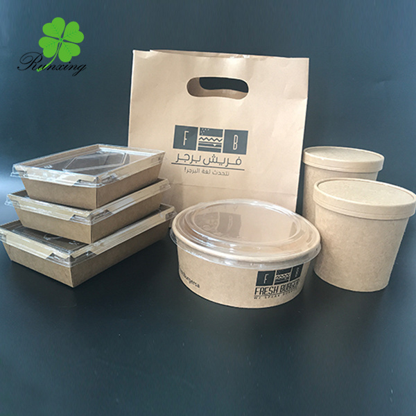 Take away disposable brown kraft paper food container lunch packaging fast food boxes salad bowl soup cup