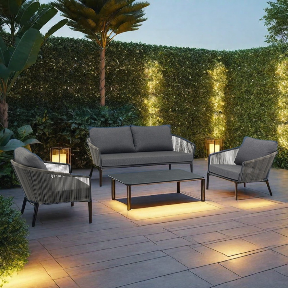 Four-Piece Contemporary Outdoor Rattan Furniture Set Aluminum Sun Room Patio Sofa & Chair for Courtyard & Hall Leisure