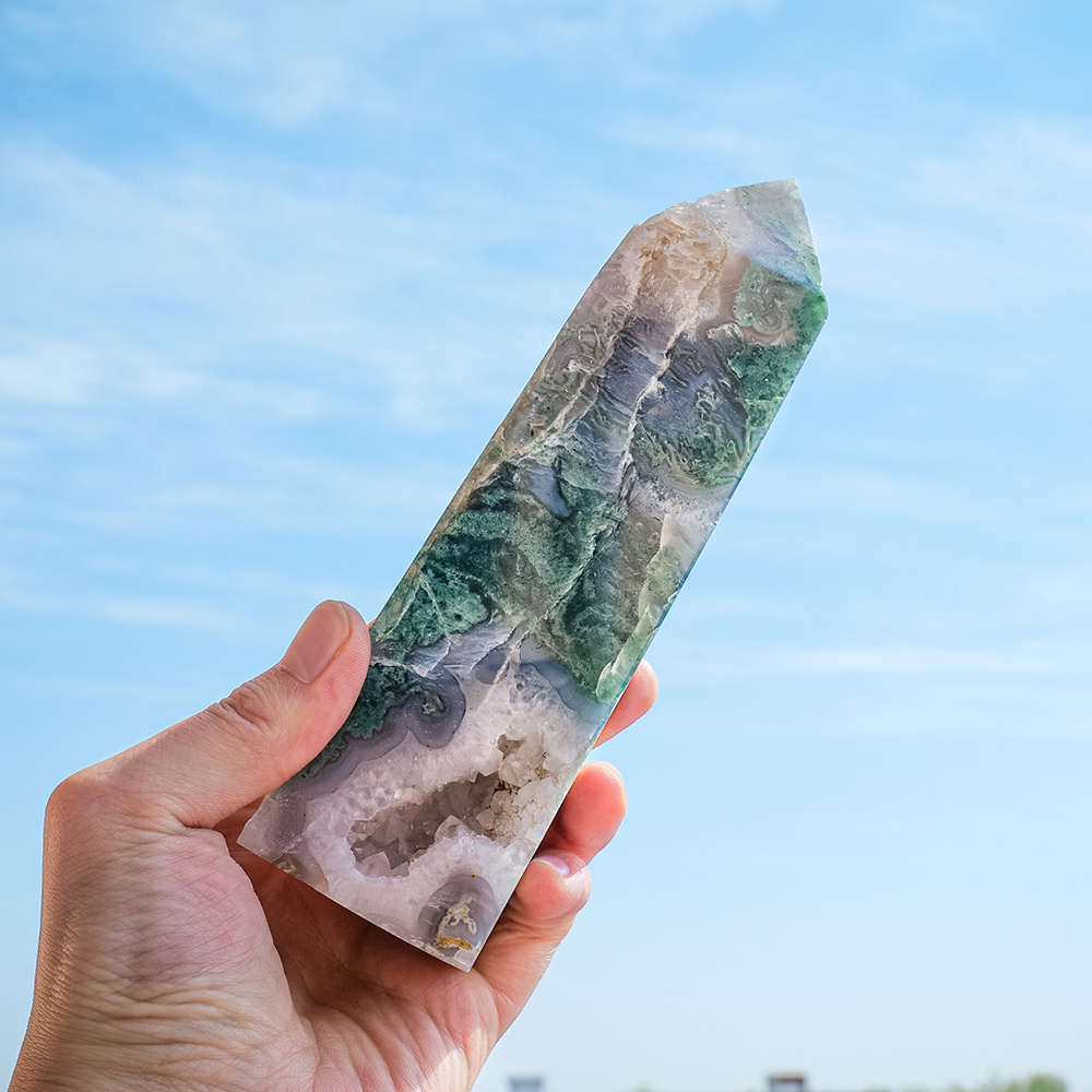 Wholesale big size moss agate crystal tower healing stone crystal geode wand column