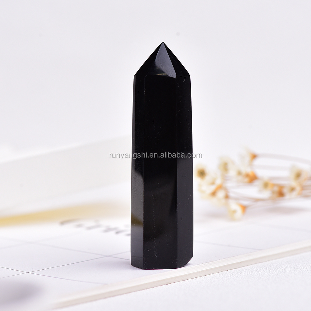 Wholesale polished raw black obsidian quartz crystal healing wand points for fengshui ornaments