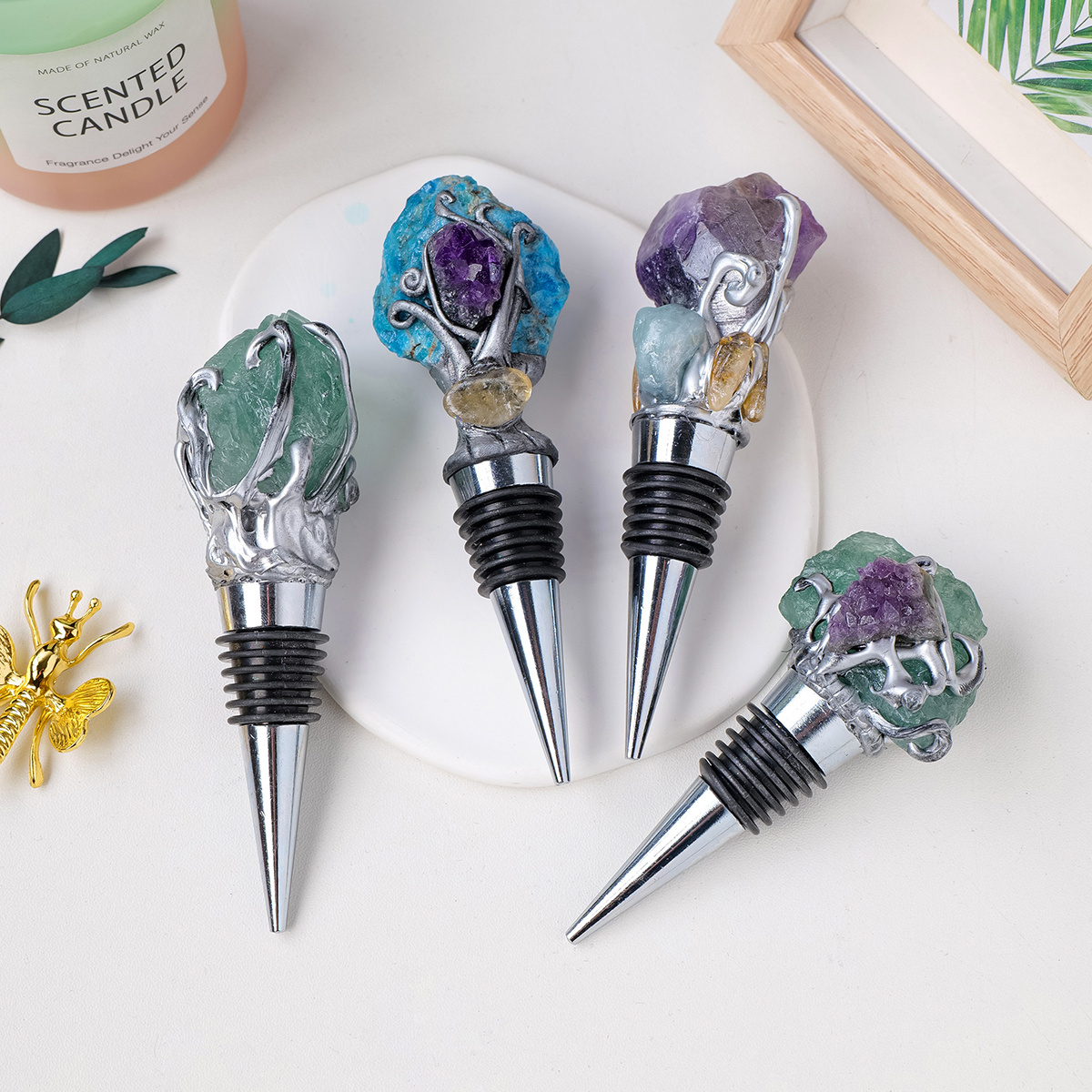 Wholesale popular gems crystal wine stoppers decorative rough stone quartz magic elemental craft crystal wine stopper