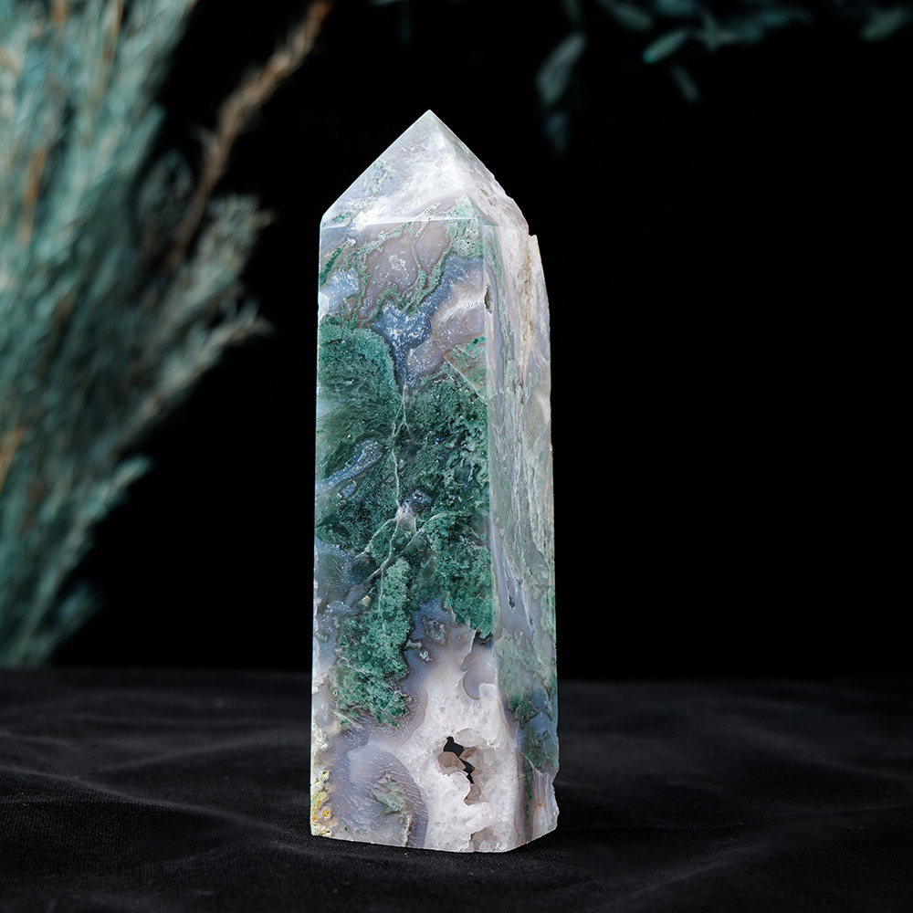 Wholesale big size moss agate crystal tower healing stone crystal geode wand column