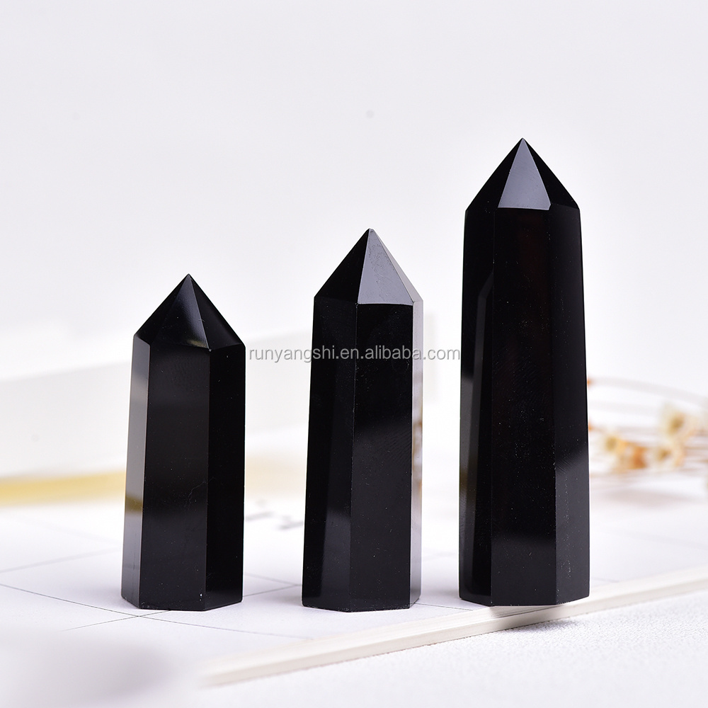 Wholesale polished raw black obsidian quartz crystal healing wand points for fengshui ornaments