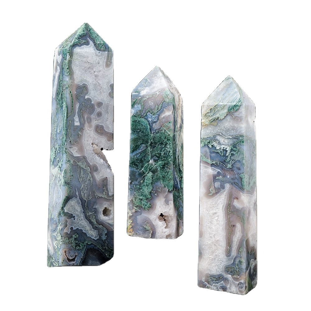 Wholesale big size moss agate crystal tower healing stone crystal geode wand column