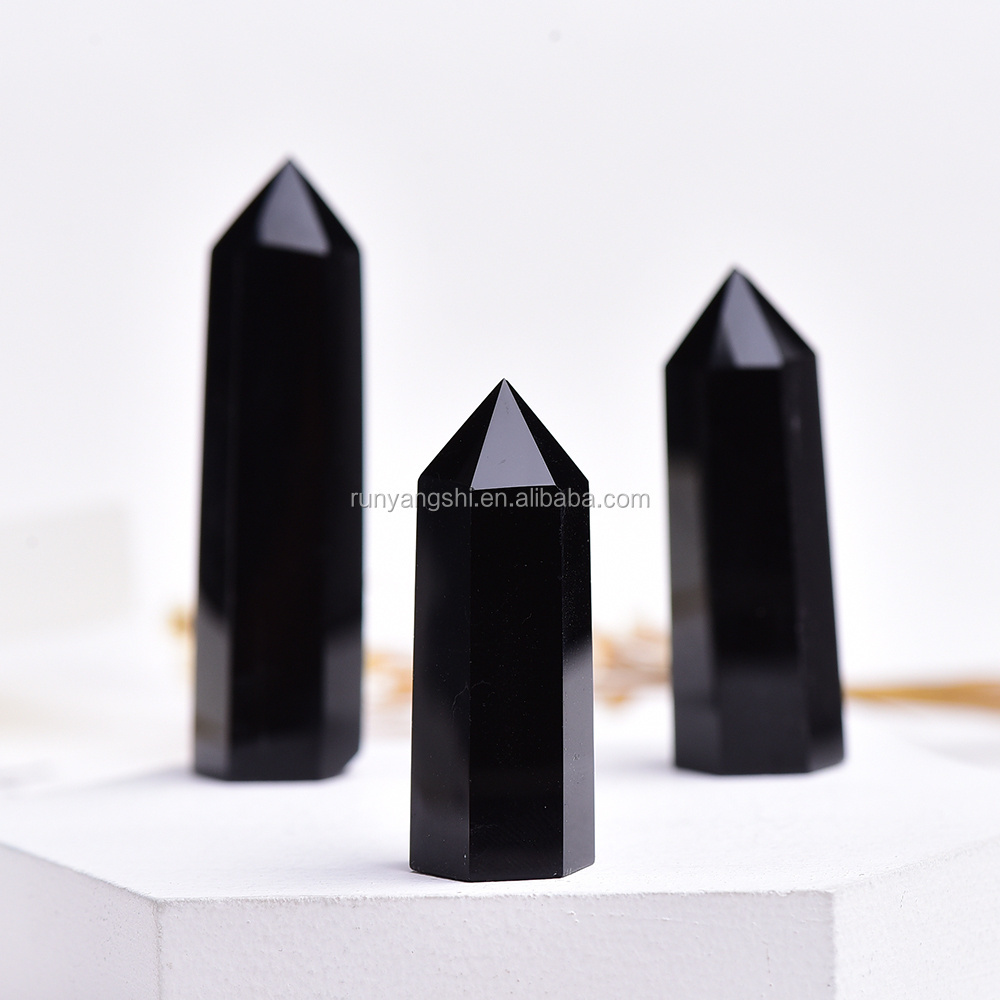 Wholesale polished raw black obsidian quartz crystal healing wand points for fengshui ornaments