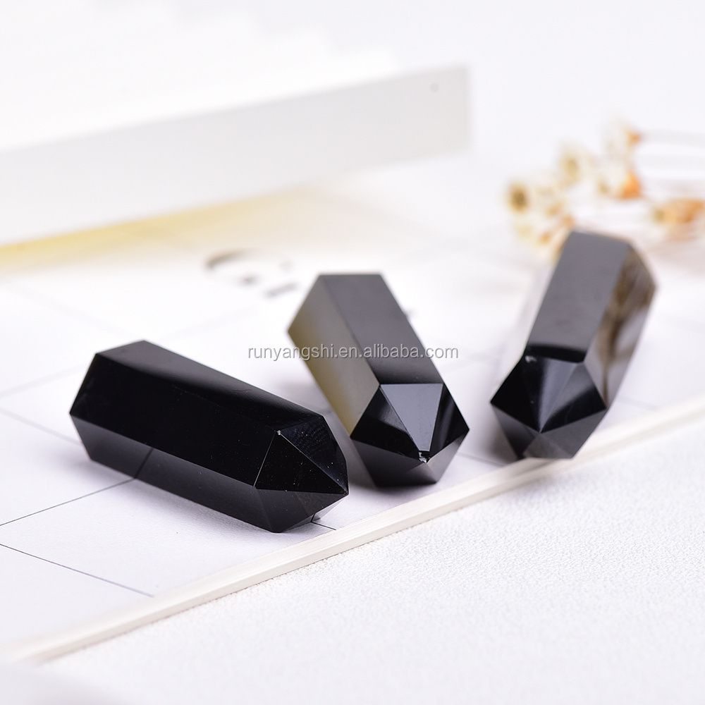 Wholesale polished raw black obsidian quartz crystal healing wand points for fengshui ornaments