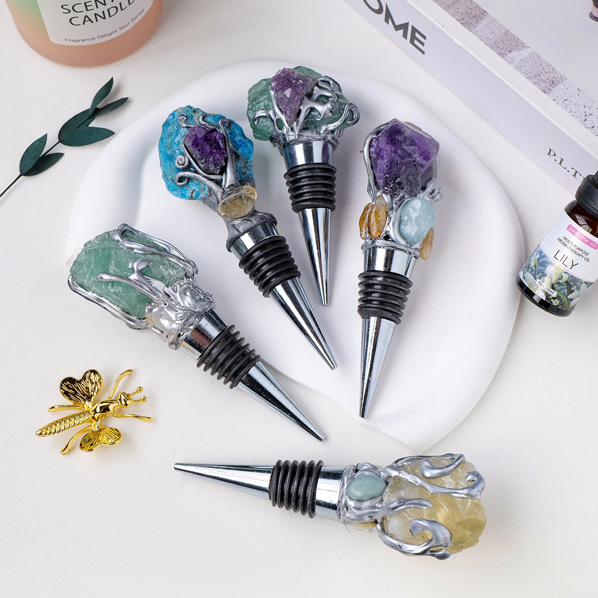 Wholesale popular gems crystal wine stoppers decorative rough stone quartz magic elemental craft crystal wine stopper