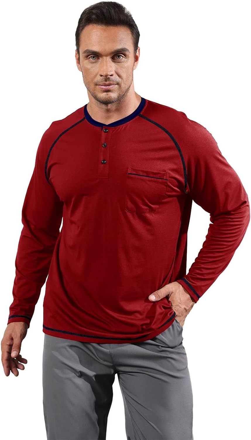 Mens Fashion Henley Shirts Casual Cotton Long Raglan Sleeve Thermal Tshirt With Pocket