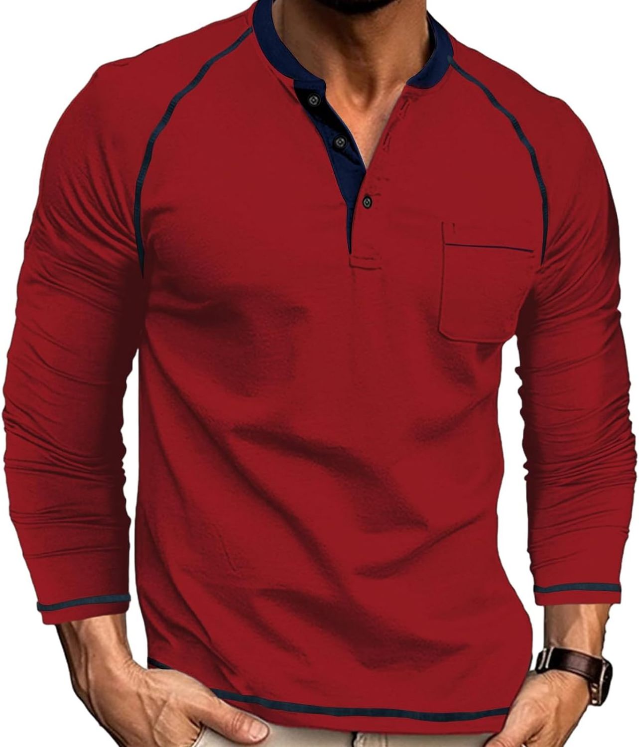 Mens Fashion Henley Shirts Casual Cotton Long Raglan Sleeve Thermal Tshirt With Pocket