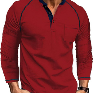 Mens Fashion Henley Shirts Casual Cotton Long Raglan Sleeve Thermal Tshirt With Pocket