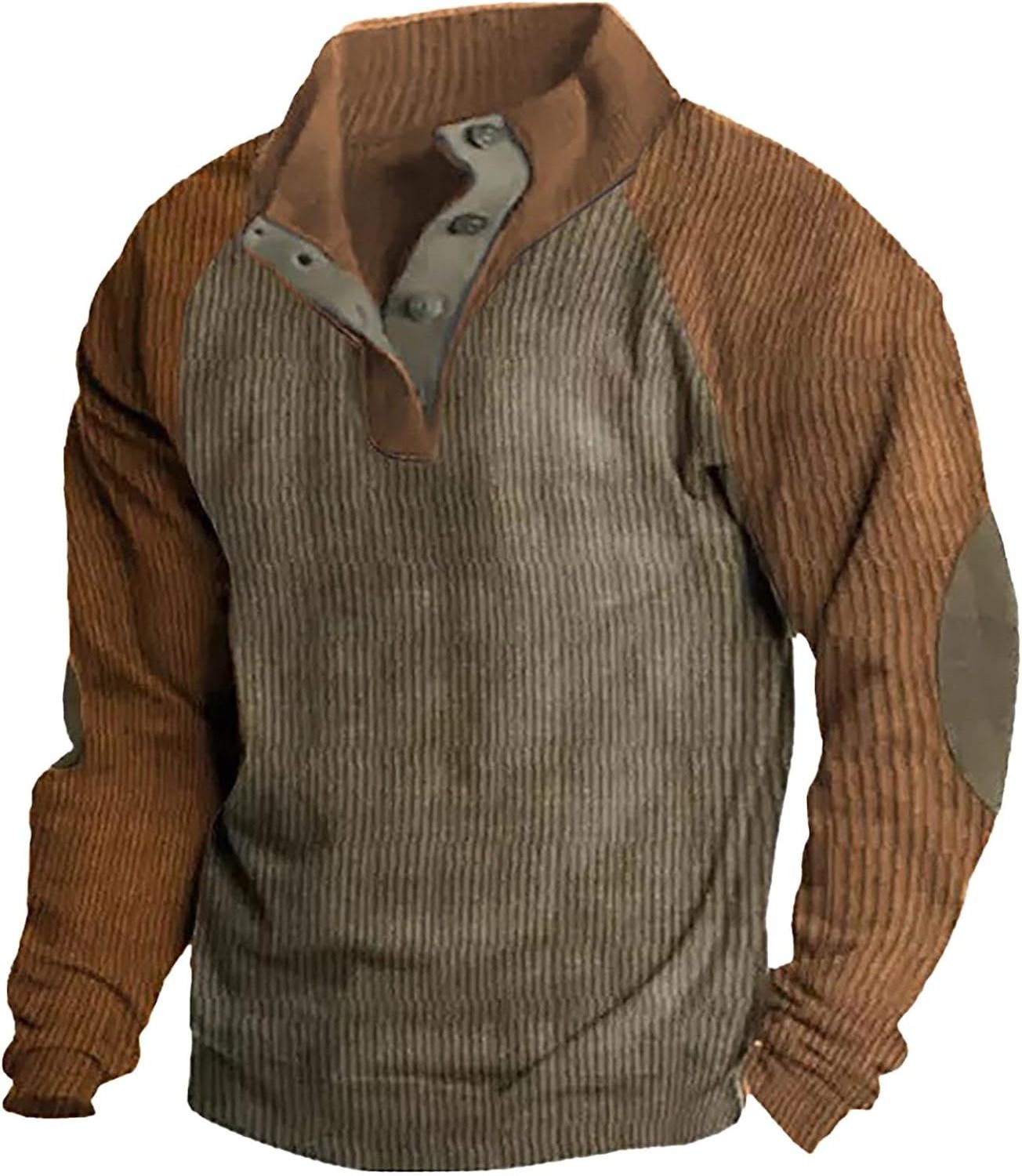 Men's Waffle Sweatshirt Patched Elbow Shoulder Long Sleeve Lapel Button Down Corduroy Plaid Outdoor Casual Pullover Top