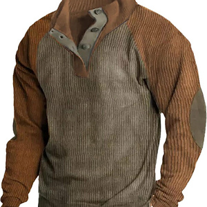 Men's Waffle Sweatshirt Patched Elbow Shoulder Long Sleeve Lapel Button Down Corduroy Plaid Outdoor Casual Pullover Top