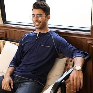 Mens Fashion Henley Shirts Casual Cotton Long Raglan Sleeve Thermal Tshirt With Pocket