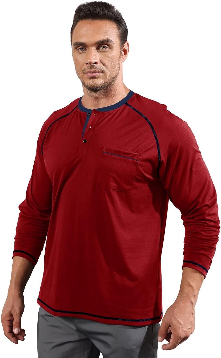 Mens Fashion Henley Shirts Casual Cotton Long Raglan Sleeve Thermal Tshirt With Pocket