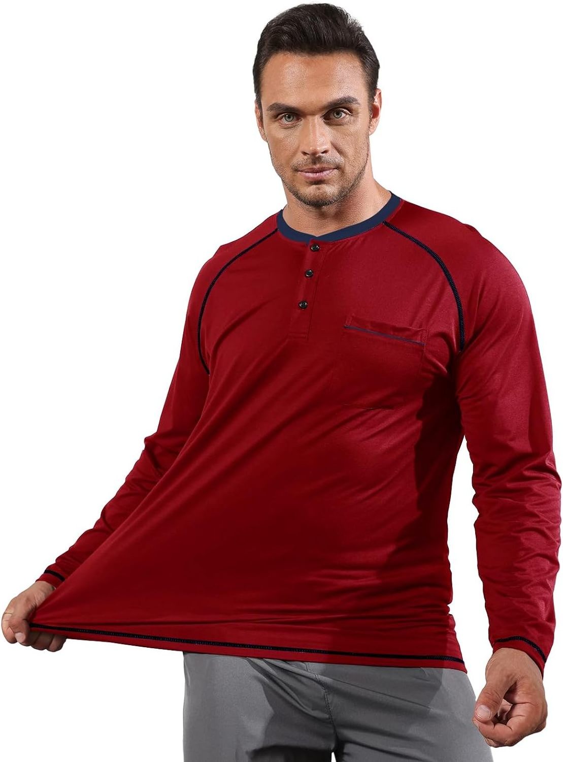 Mens Fashion Henley Shirts Casual Cotton Long Raglan Sleeve Thermal Tshirt With Pocket