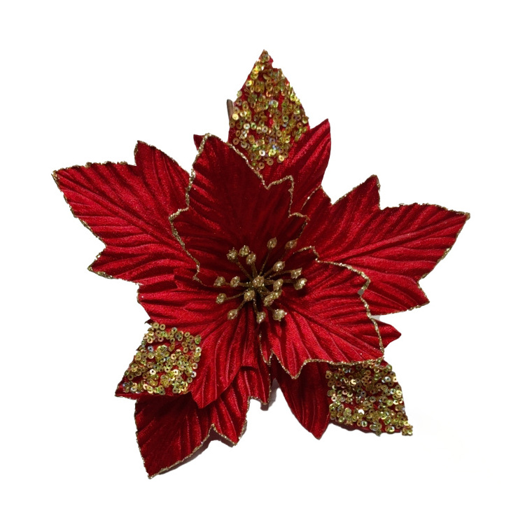 Customized 22cm Christmas decoration artificial poinsettia flower with glitter