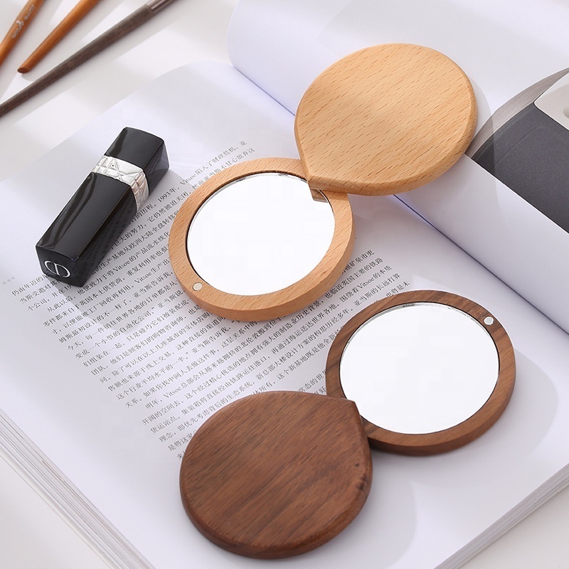 Custom Logo Mini Small Handheld Wooden Vanity Beauty Mirror Personalized Compact Hand Held Wood Makeup Mirror