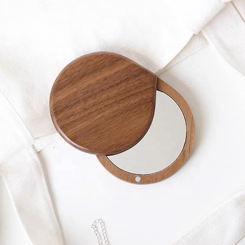 Custom Logo Mini Small Handheld Wooden Vanity Beauty Mirror Personalized Compact Hand Held Wood Makeup Mirror