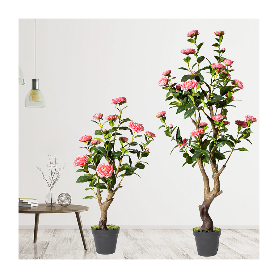 7746/7748 Cheap Price Faux Floral Plant Pink Flower and Green Leaves Artificial Camellia Tree for Home Porch Decor