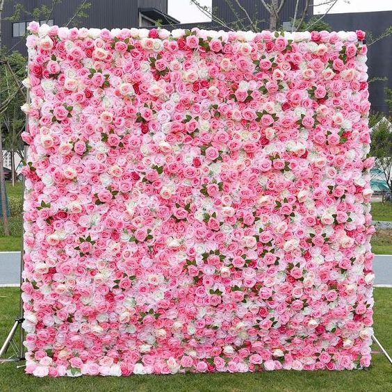 8ft x 8ft 3D Custom Fabric Rose Row Artificial Pink Peony Backdrop Roll Up Curtain Flower Wall for Wedding Decor