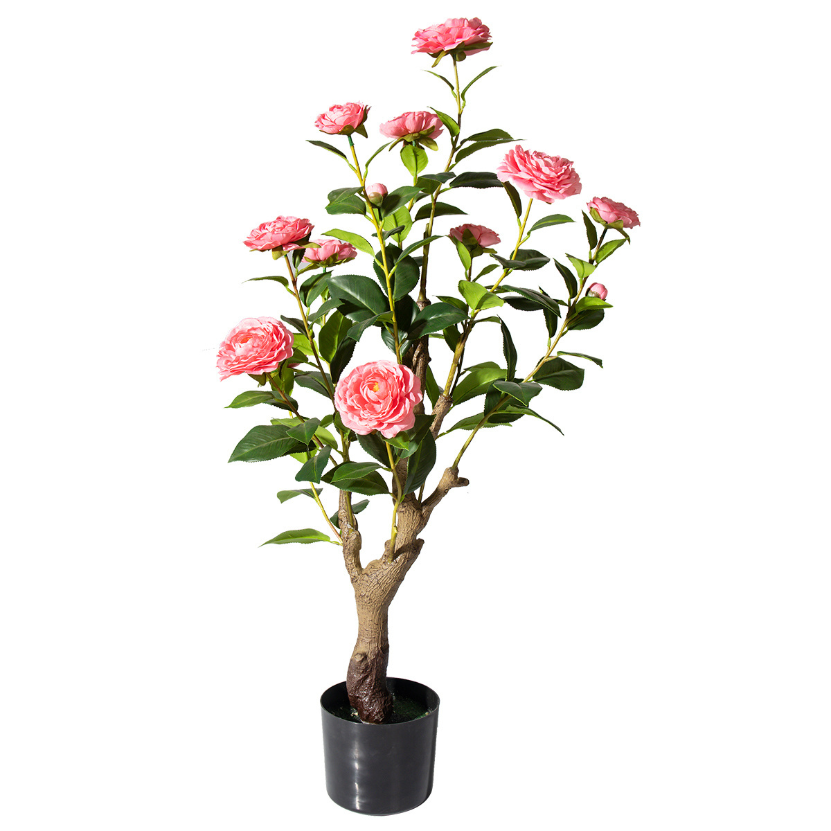 7746/7748 Cheap Price Faux Floral Plant Pink Flower and Green Leaves Artificial Camellia Tree for Home Porch Decor