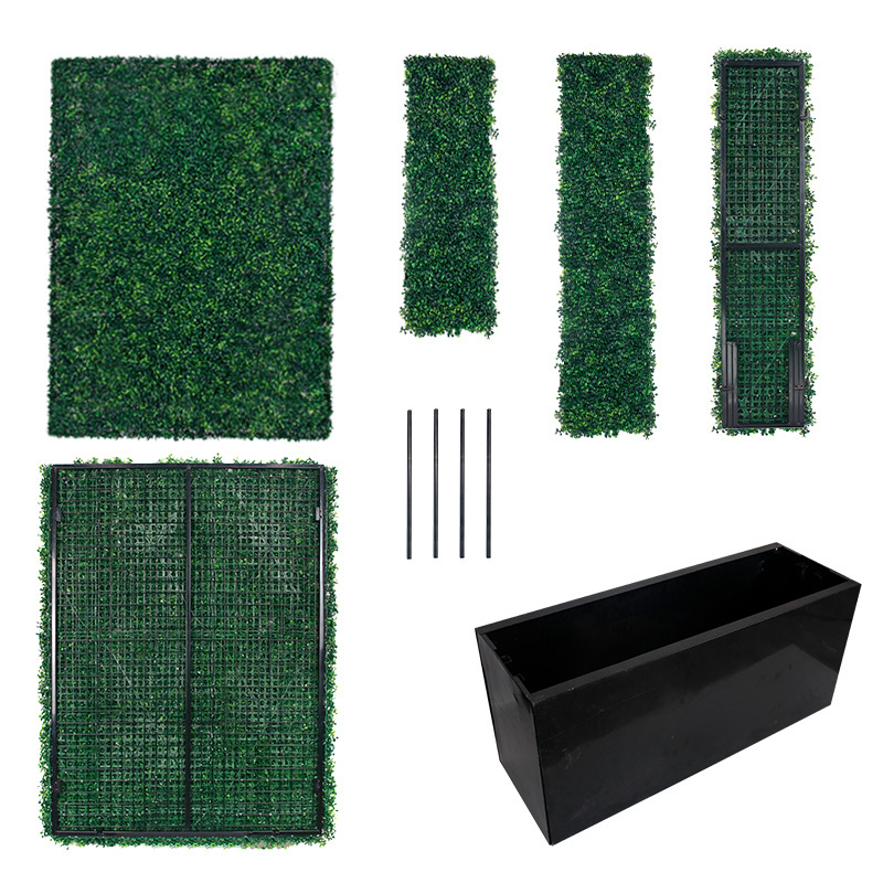 CQ001Outdoor Garden Privacy Plant Screen Faux Green Grass Artificial Boxwood Hedge in Black Planter