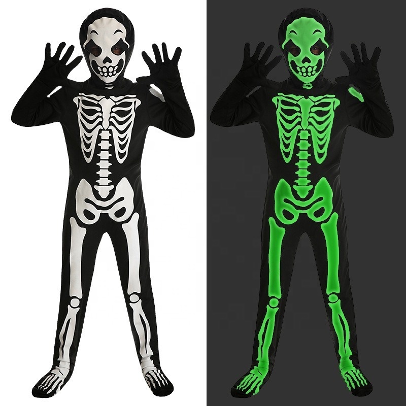 Glow in Dark Skeleton Clothing Costume 3D Print Style Halloween Costumes For Kids Luminous Horror Skull Rack Bodysuit