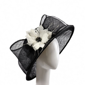 2024 Fashion Wide Brim Organza Church Elegant Derby Hat Lady's Party Carnival Sinamay Hats Women Banquet Black Hat