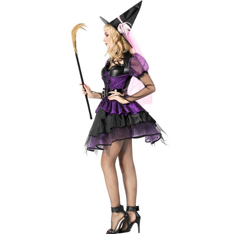 2024 Halloween Cosplay Layering Purple Gauze Black Faux Leather Sexy Witch Dress Masquerade Role-Playing Costume