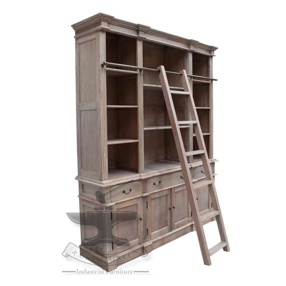 Vintage Industrial French Bookshelf with Ladder Bookcase Book Storage Living Room Furniture Wooden Modern PANEL,PANEL Natural