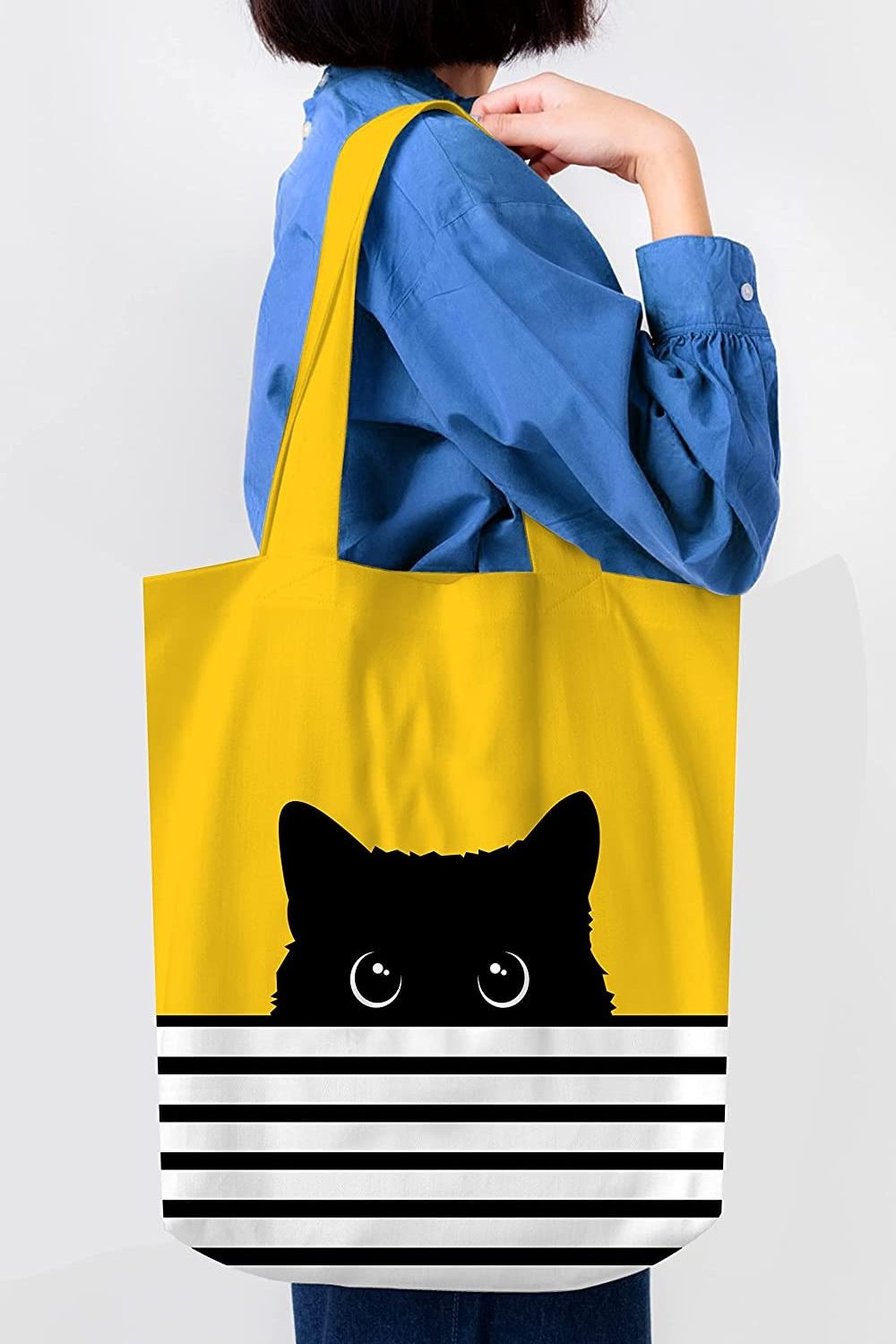 Cute Canvas Tote Bag for Women with Black Cat Design Yellow Cat Gifts for Cat Lovers Birthday Mothers Day Gift Bags Teacher Book