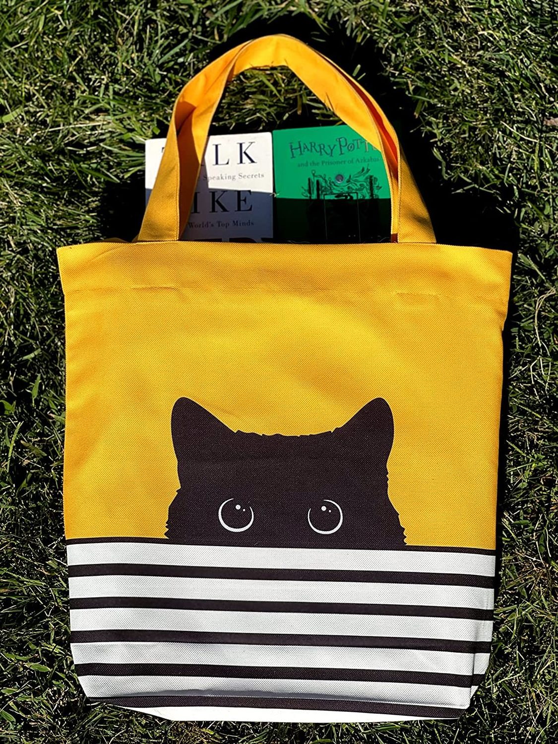 Cute Canvas Tote Bag for Women with Black Cat Design Yellow Cat Gifts for Cat Lovers Birthday Mothers Day Gift Bags Teacher Book