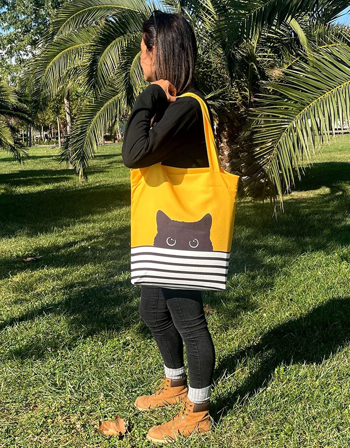 Cute Canvas Tote Bag for Women with Black Cat Design Yellow Cat Gifts for Cat Lovers Birthday Mothers Day Gift Bags Teacher Book