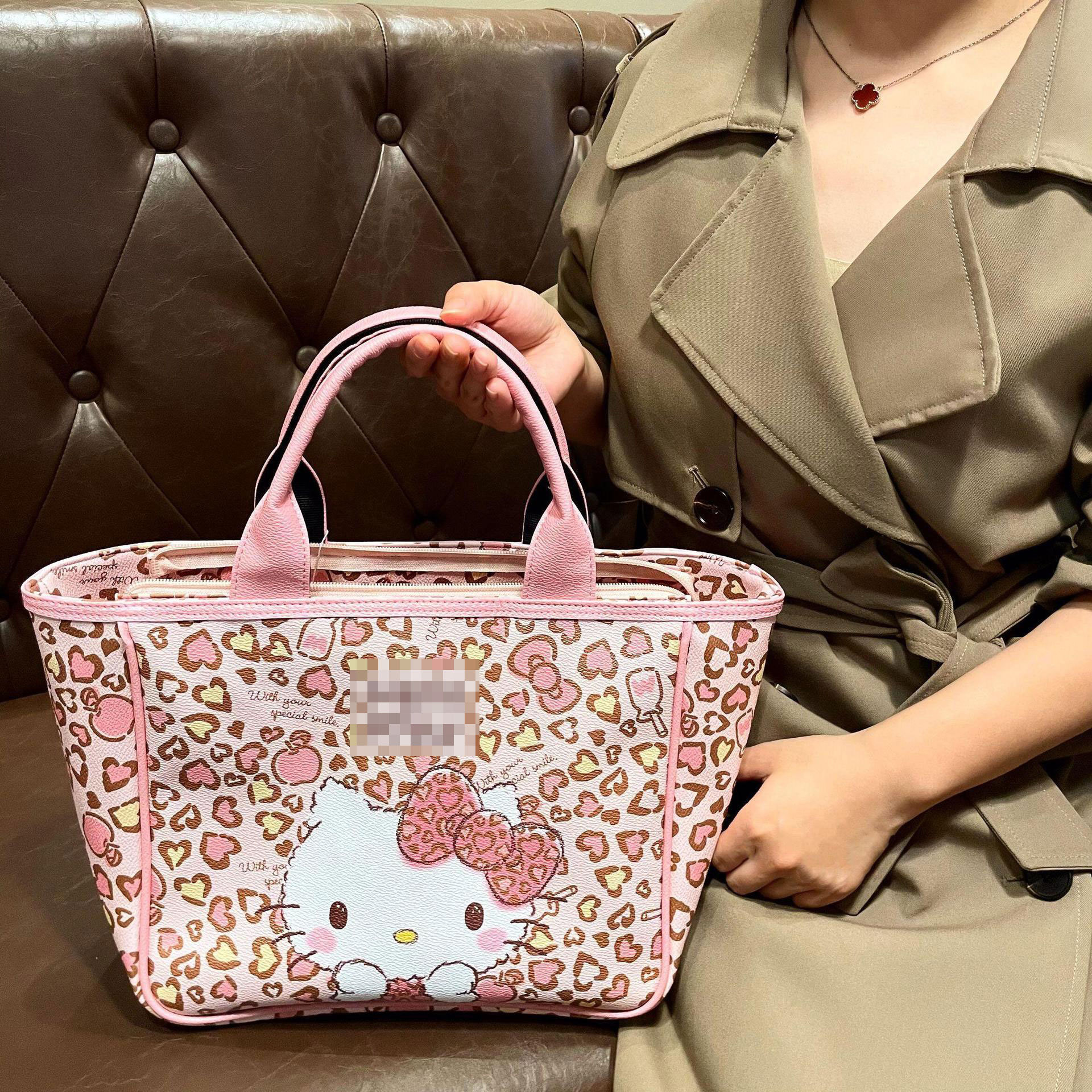 RuunJoy Wholesale Y2K PU Shoulder Bag Women Cartoon Fashion Pink Leopard Print KT Tote Bag Girl Large Capacity Commuter Bag Gift