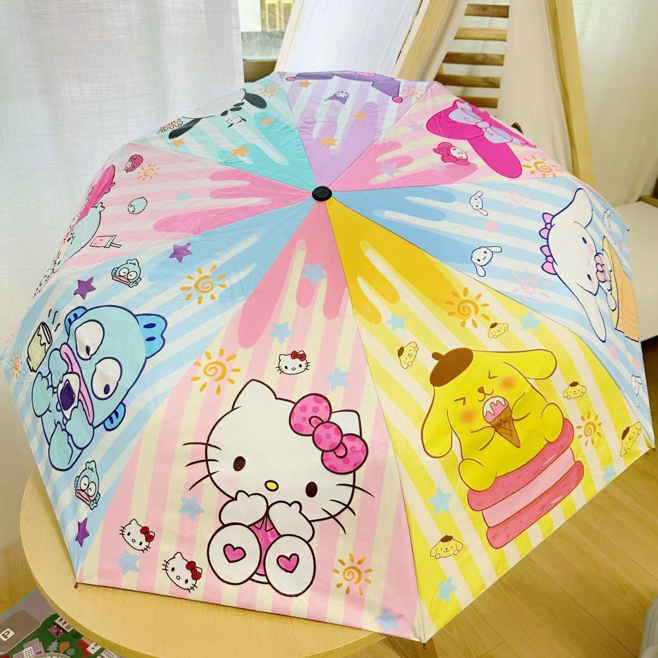 Ruunjoy custom 2023 Sanrio Umbrella Kawaii HelloKt Kuromi Cartoon Automatic Sunshade Umbrella Cute Girl Travel Folding Umbrella