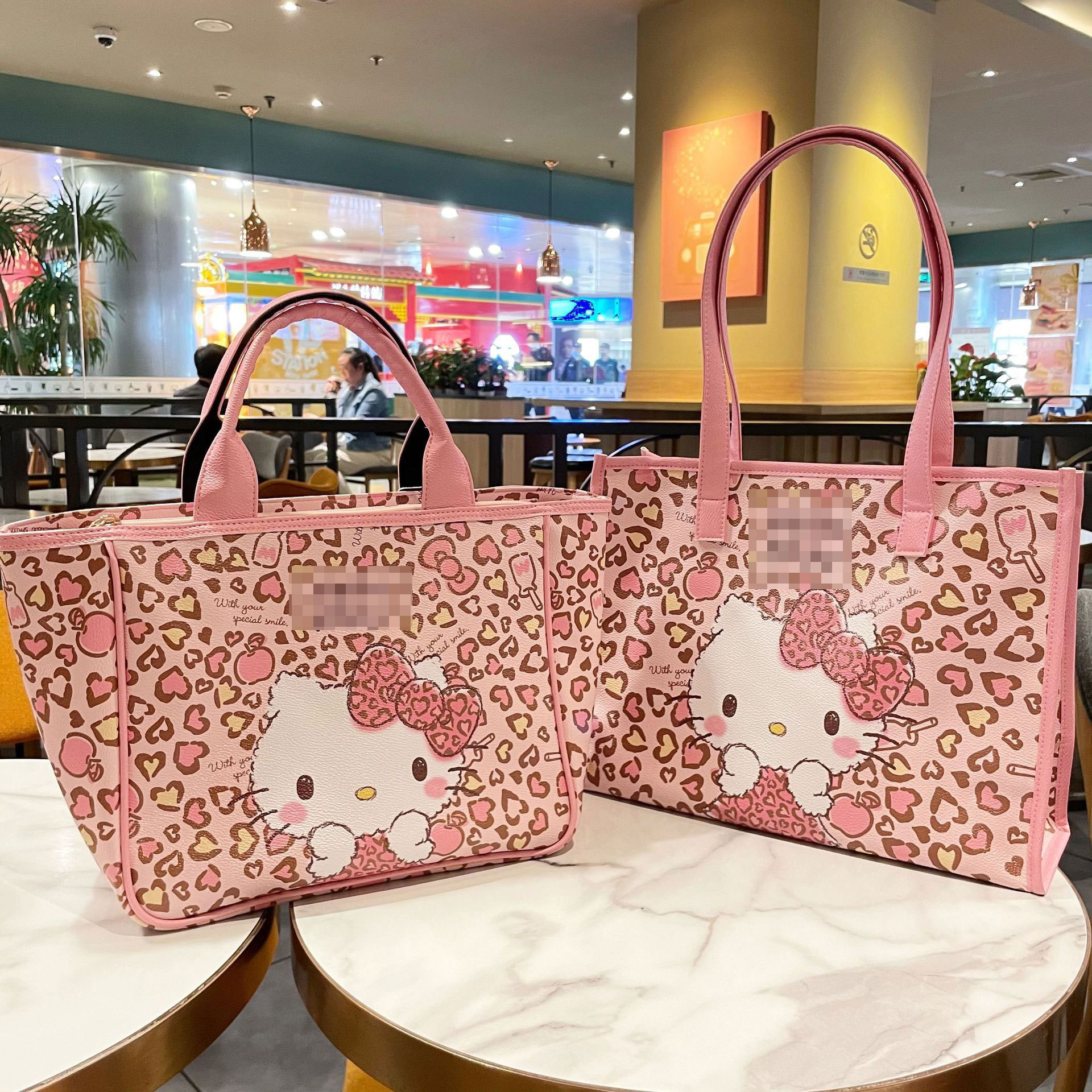 RuunJoy Wholesale Y2K PU Shoulder Bag Women Cartoon Fashion Pink Leopard Print KT Tote Bag Girl Large Capacity Commuter Bag Gift