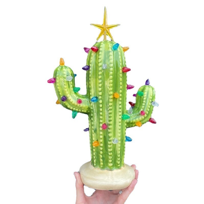 Ruunjoy Hot Selling Christmas Light Decorations Resin Ornament Ceramic Christmas Cactus With Light Decorations