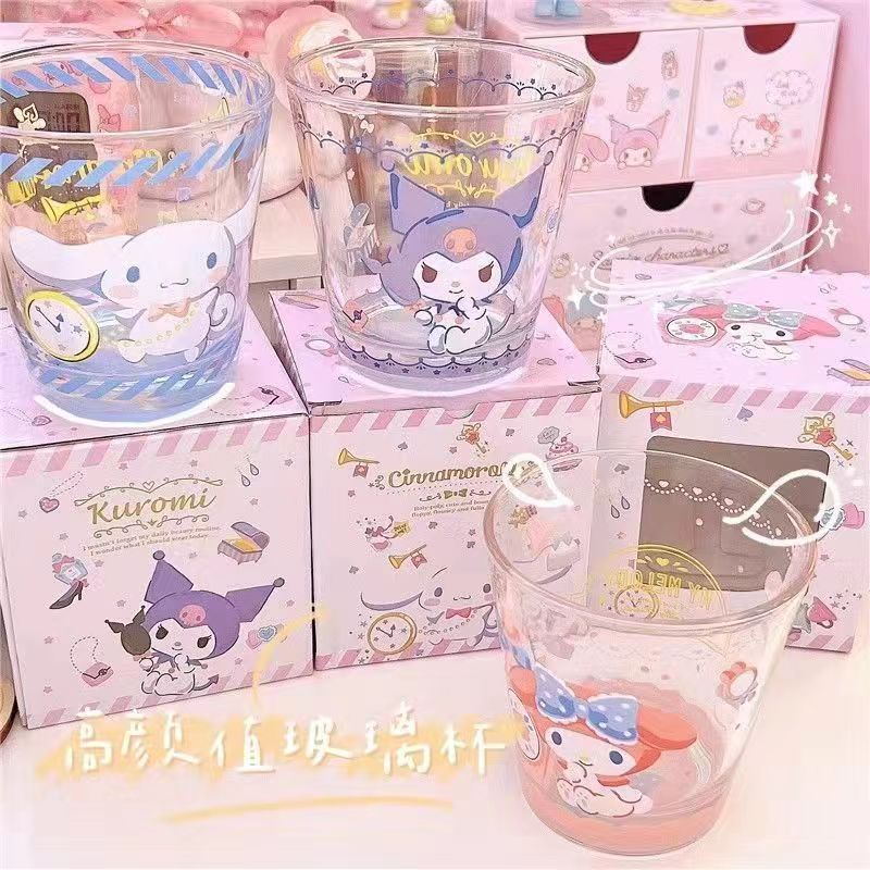 Sanrioed Anime Cartoon Cinnamoroll Kt Cat Kuromi My Melody Purin Dog Glass Water Cup Girl Cute Heat Resistant Breakfast Cup Gift