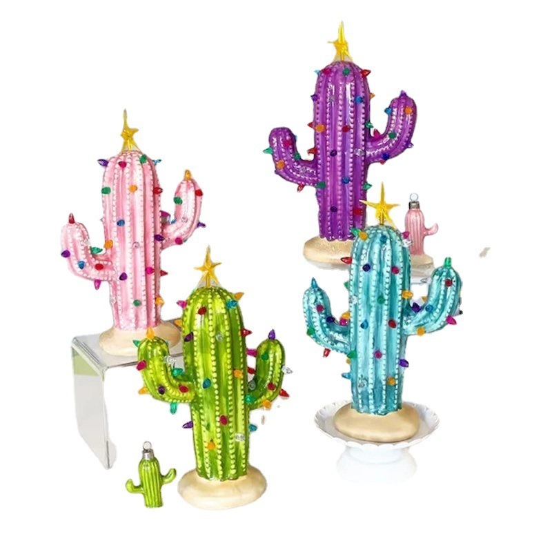 Ruunjoy Hot Selling Christmas Light Decorations Resin Ornament Ceramic Christmas Cactus With Light Decorations