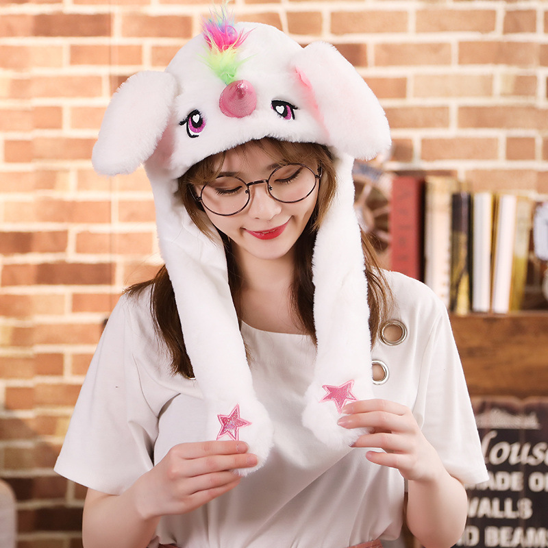 Tiktok cute animal bunny unicorn Hat Ear plush Moving Jumping  light luminous led Earflaps Cosplay Costume Hats Squeeze Fidget