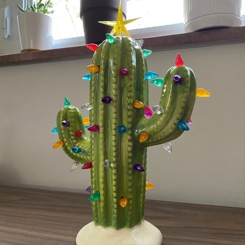 Ruunjoy Hot Selling Christmas Light Decorations Resin Ornament Ceramic Christmas Cactus With Light Decorations