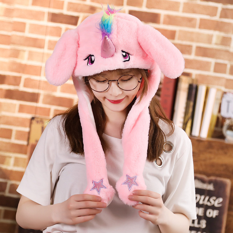 Tiktok cute animal bunny unicorn Hat Ear plush Moving Jumping  light luminous led Earflaps Cosplay Costume Hats Squeeze Fidget